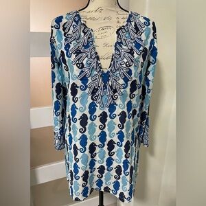 BARBARA GERWIT Blue and White Seahorse Tunic Beaded Top